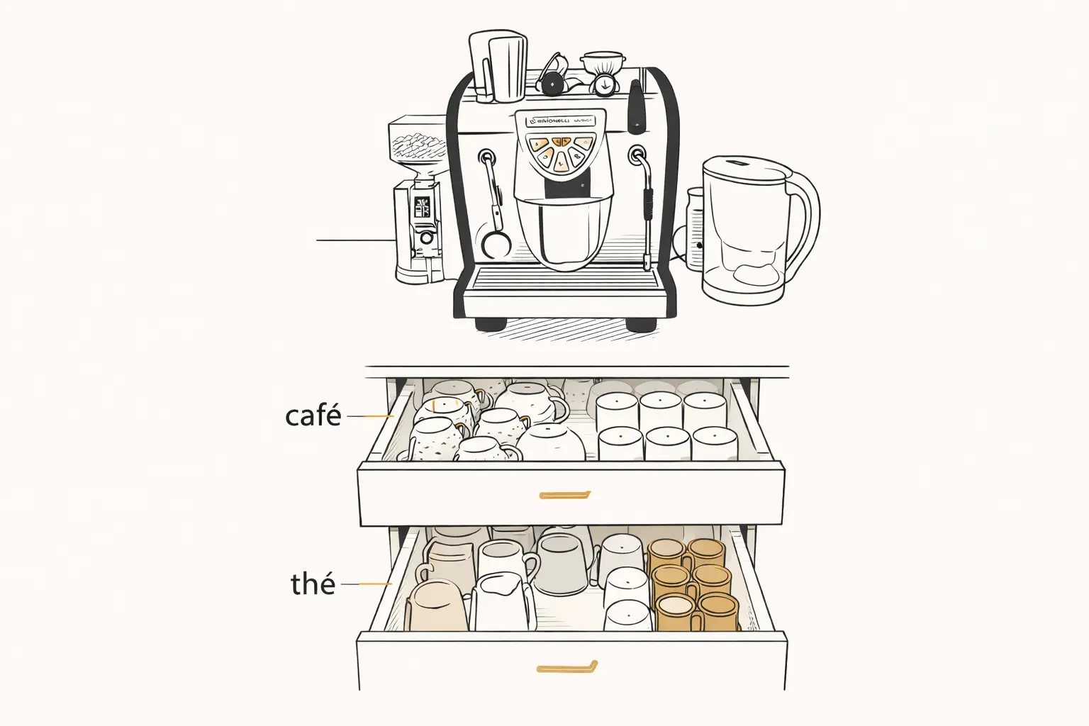 Tiroir à tasses sous la machine à café